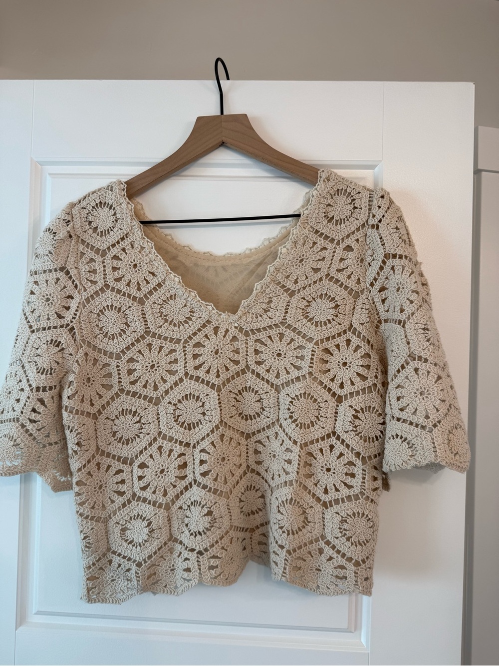 Z Supply Crochet V-Neck Short Sleeve Top in Cream
